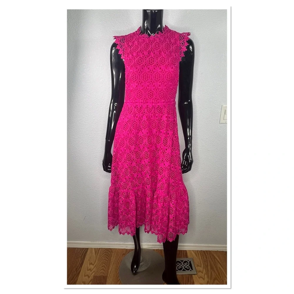 Kate Spade Magenta Scallop Lace Midi Dress Size 2 Lace Cap Sleeves
